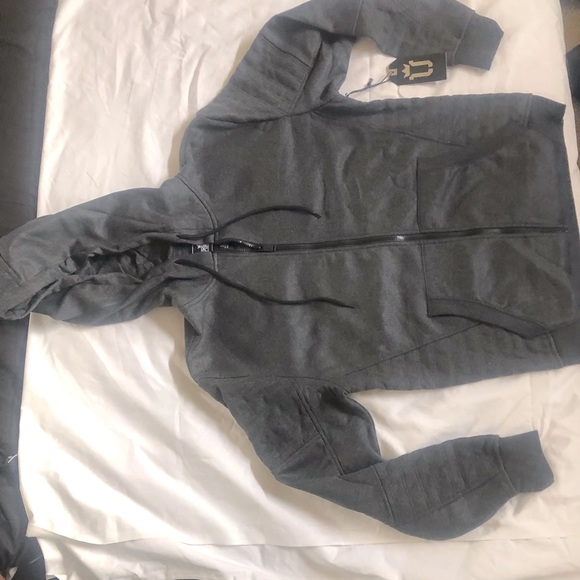 Other - Mens fleece jacket with hood, front zipper, and two side pockets.